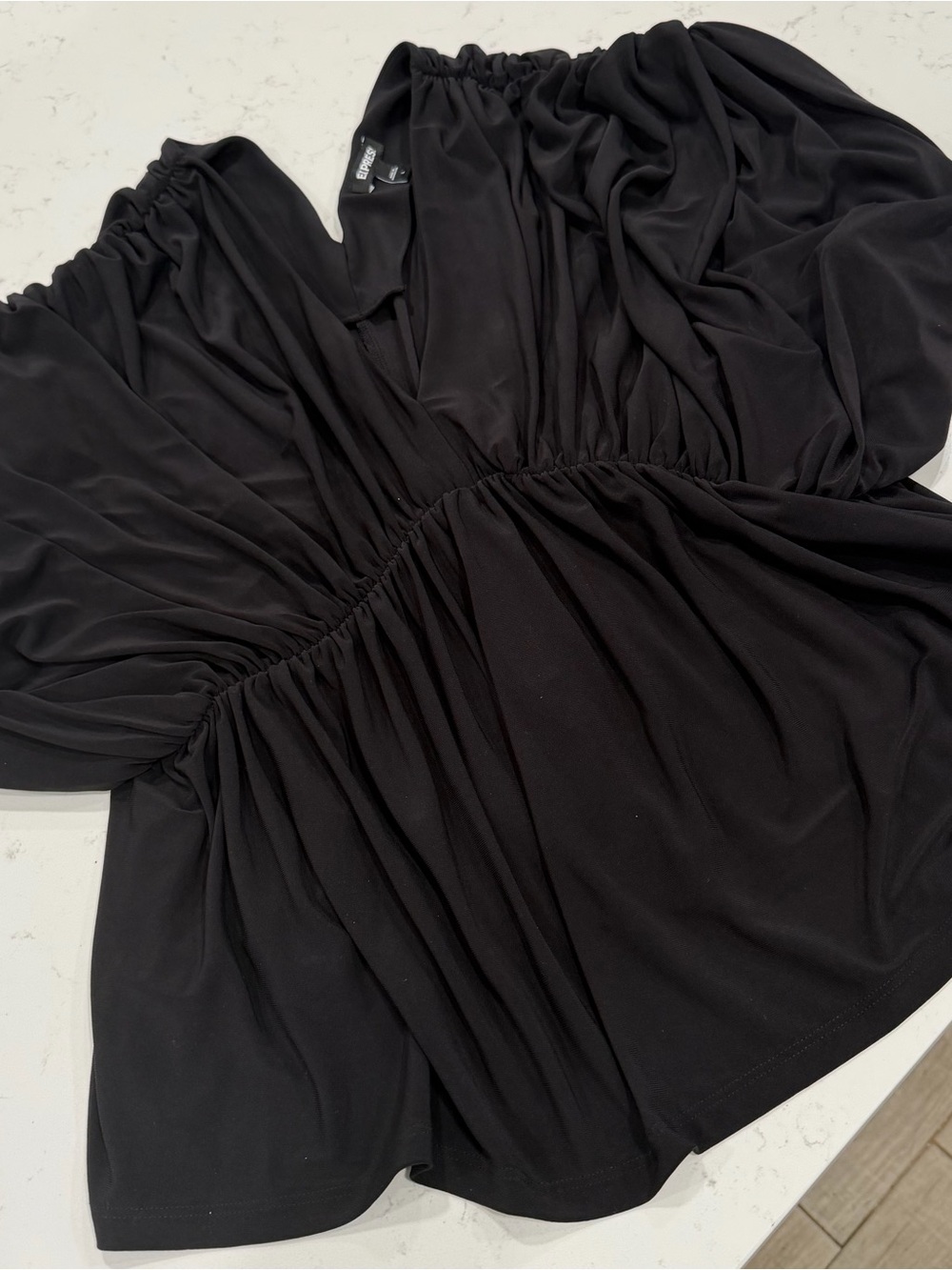 Express Black V-Neck Gathered Waist Short Sleeve Top